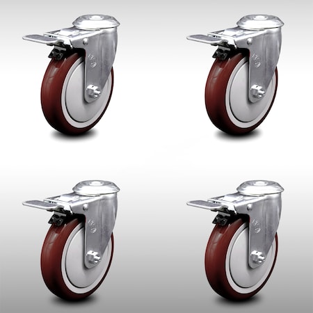 Service Caster 5 Inch SS Maroon Polyurethane Swivel Bolt Hole Caster Set with Total Lock Brake SCC-SSBHTTL20S514-PPUB-MRN-4